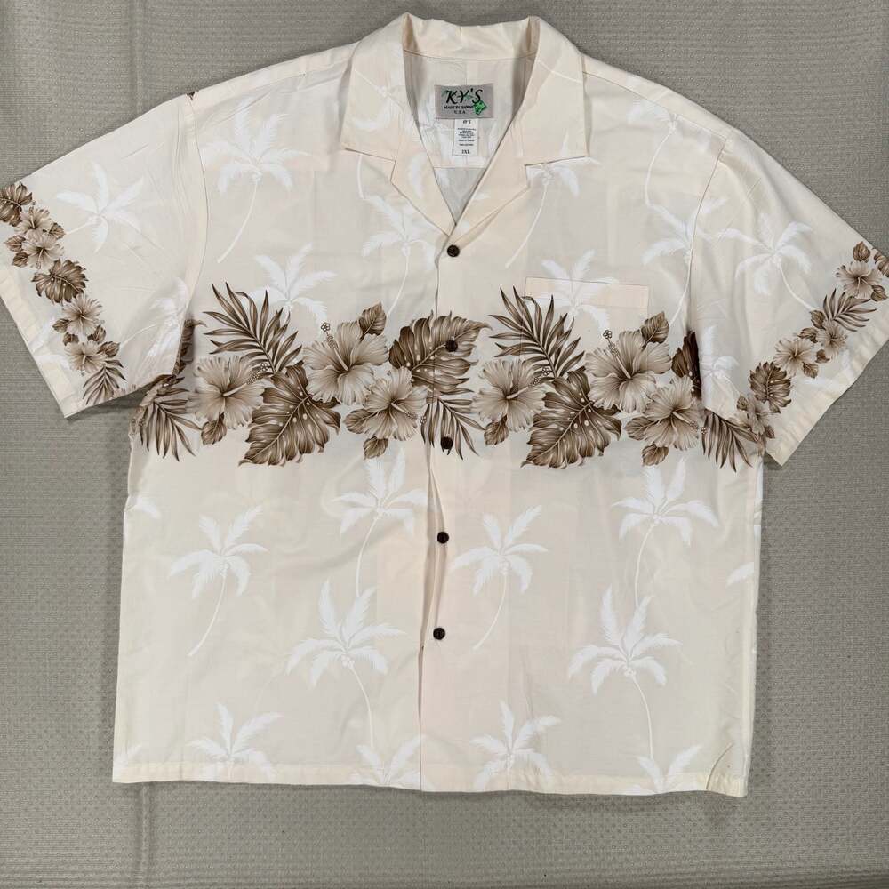 KY'S Made in Hawaii Men's 2XL Floral Hibiscus Border Hawaiian Shirt